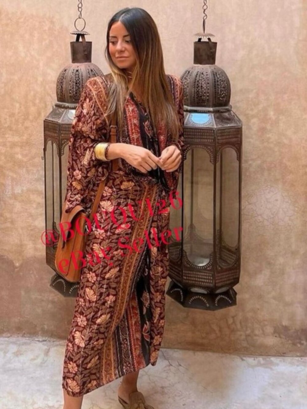 Zara Boho Floral & Striped Maxi Kaftan Long Dress, M - Picture 4 of 15